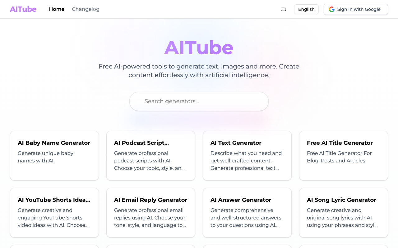 AITube - Free AI-powered tools for effortless content creation AI content-creation tools