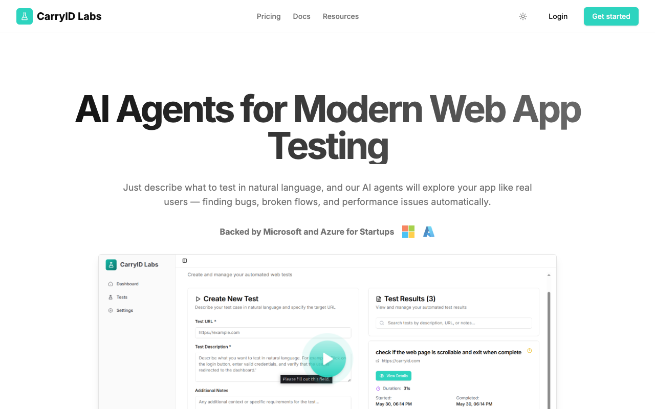 CarryID Labs - AI agents that test your web app like real users AI web-app-testing automation
