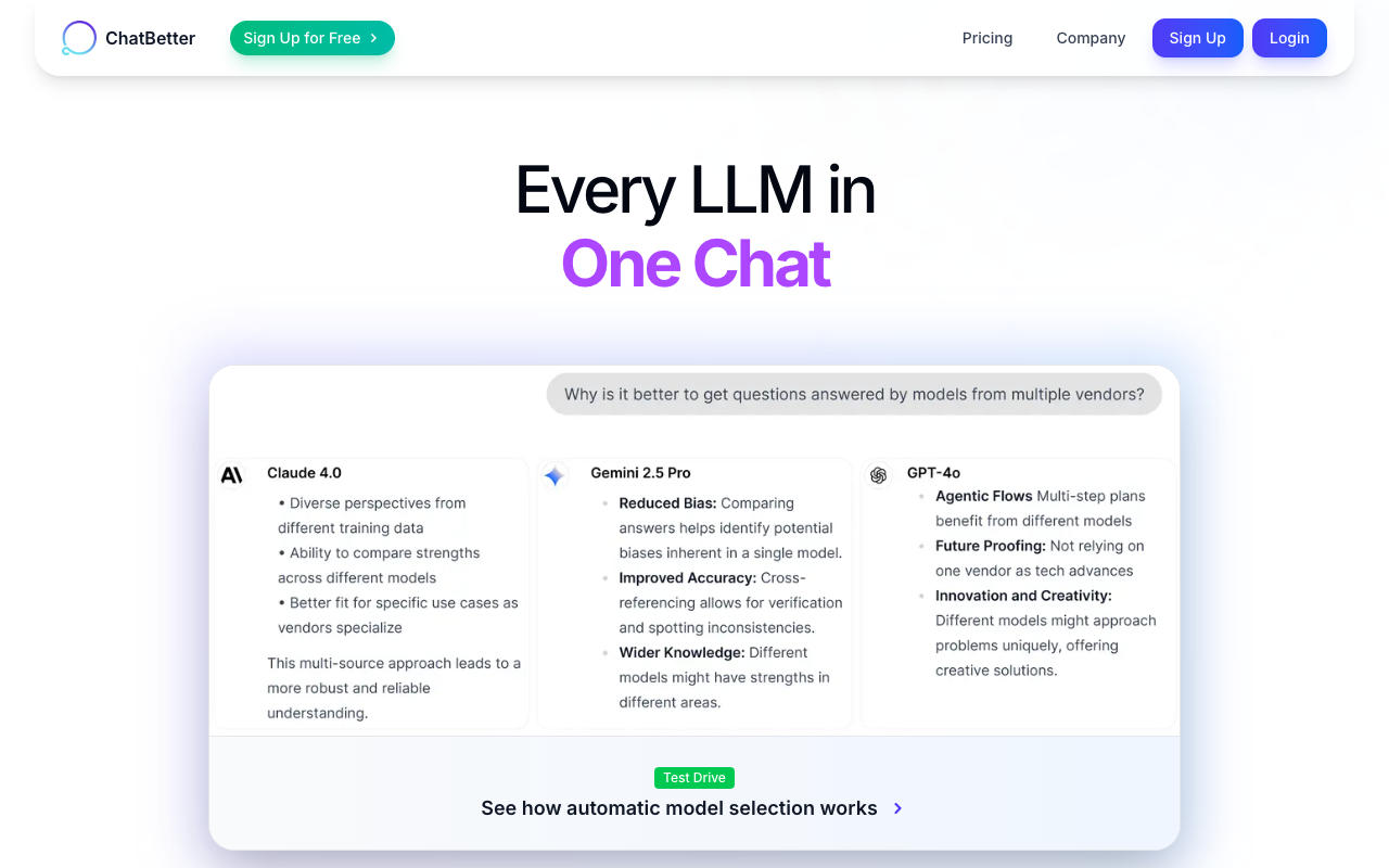 ChatBetter - Use ChatGPT, Claude, and Gemini Side-By-Side for Best Answers AI model-comparison productivity