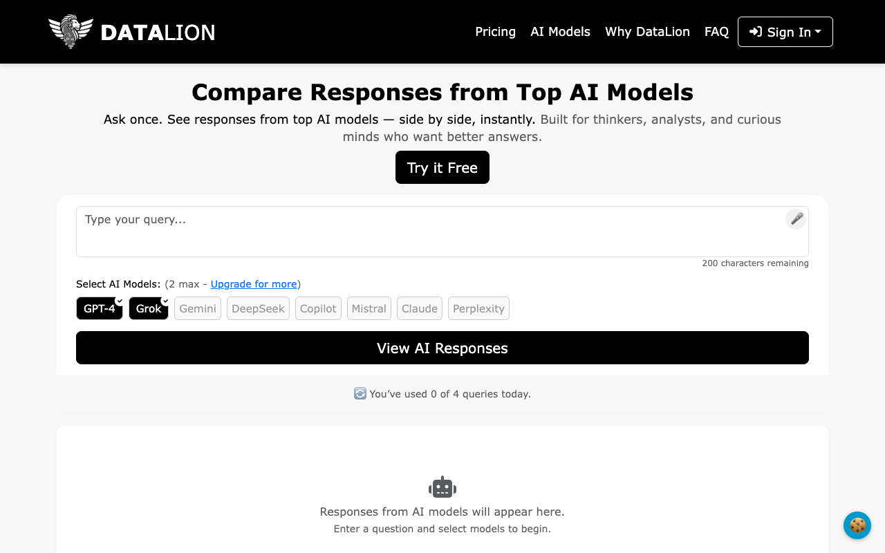 DataLion AI - Compare answers from top AI models for smarter decision-making AI comparison decision-making
