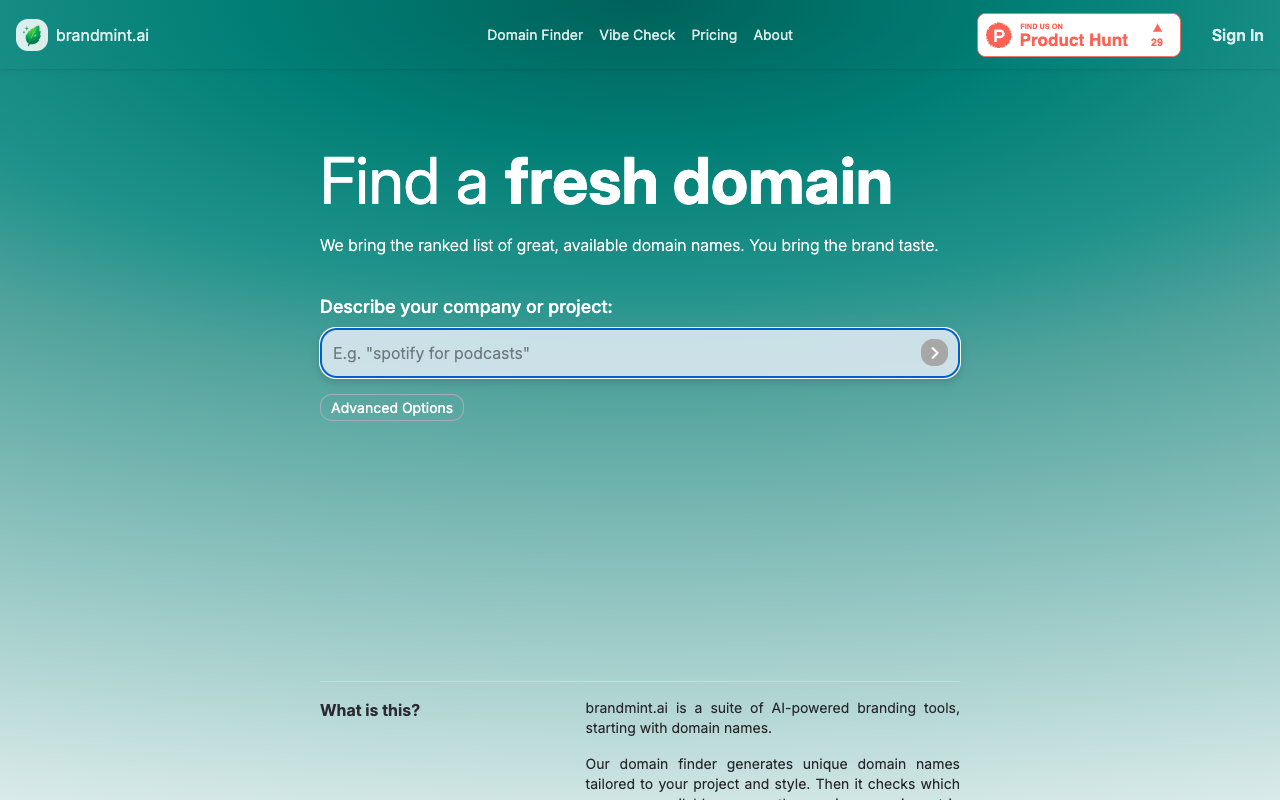 Domain Finder by brandmint.ai - Discover the best available domains ranked for brandability domain-finder AI brandability