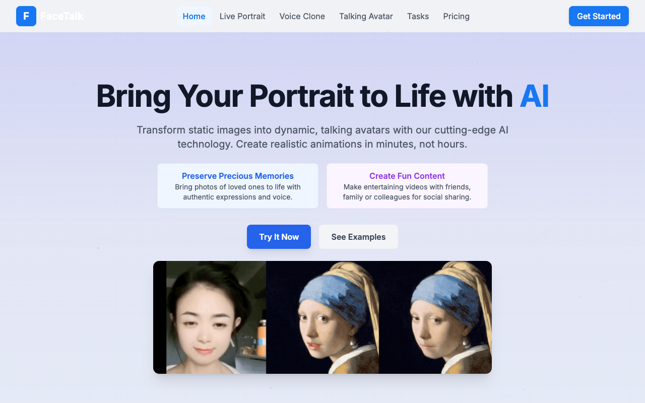 FaceTalk - Create talking portrait videos using AI for heartwarming or hilarious moments AI portrait-animation video-creation