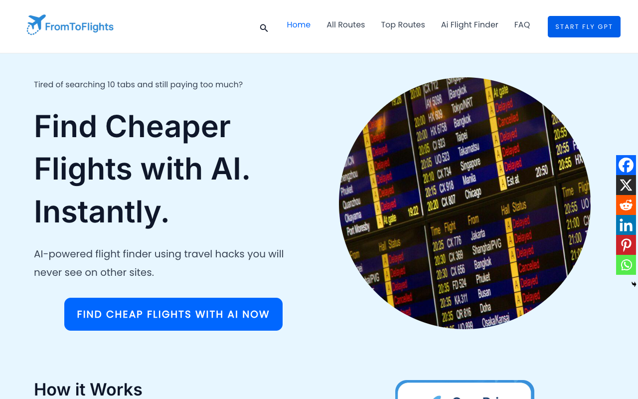 FromToFlights - Discover AI-powered flight hacks to find the cheapest tickets flights AI travel-hacks