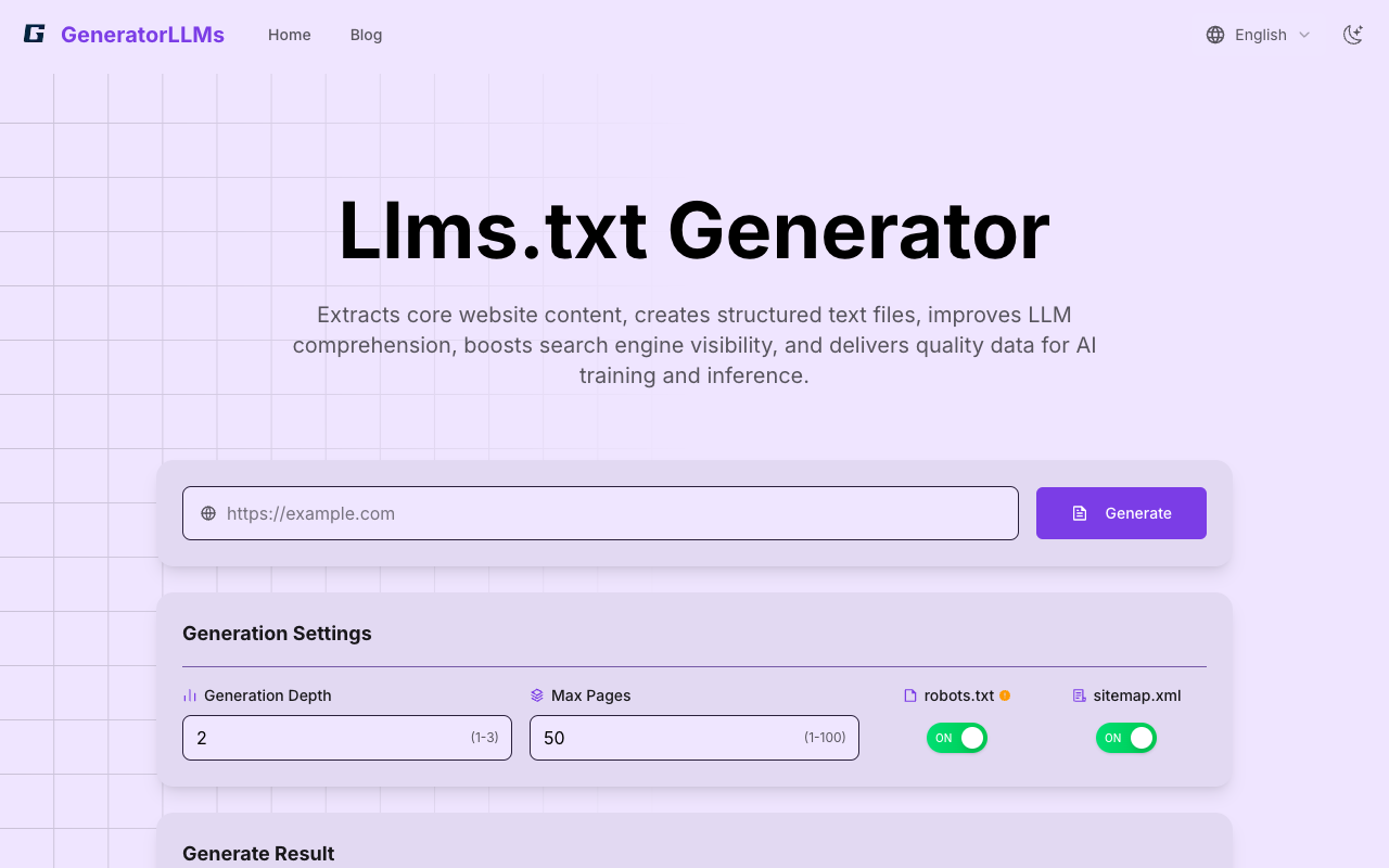 GeneratorLLMs - A tool that creates llms.txt files to enhance AI understanding of your website llms.txt AI website-optimization