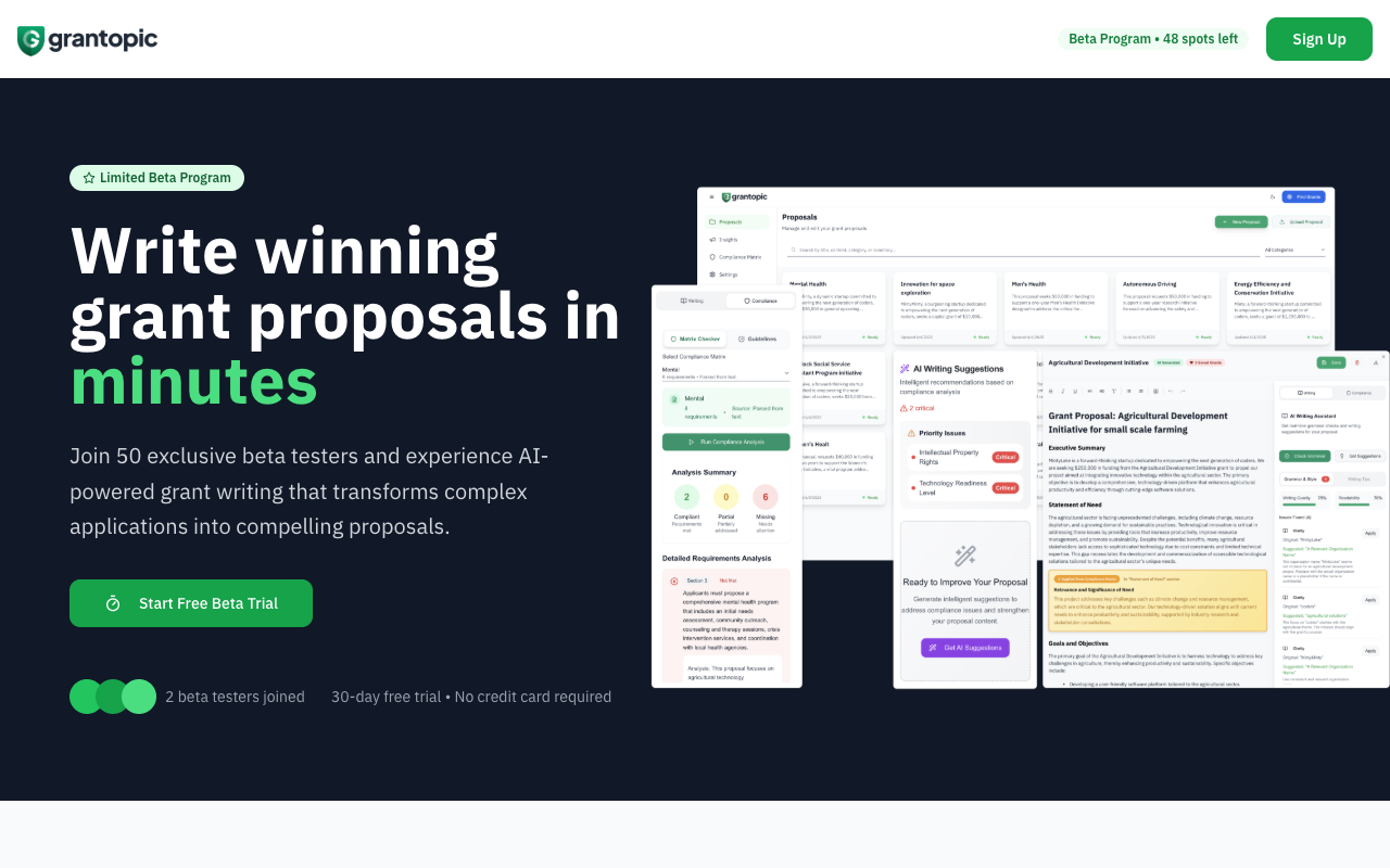 Grantopic - An AI platform that helps you write winning grant proposals in minutes grant-writing AI proposal-generator
