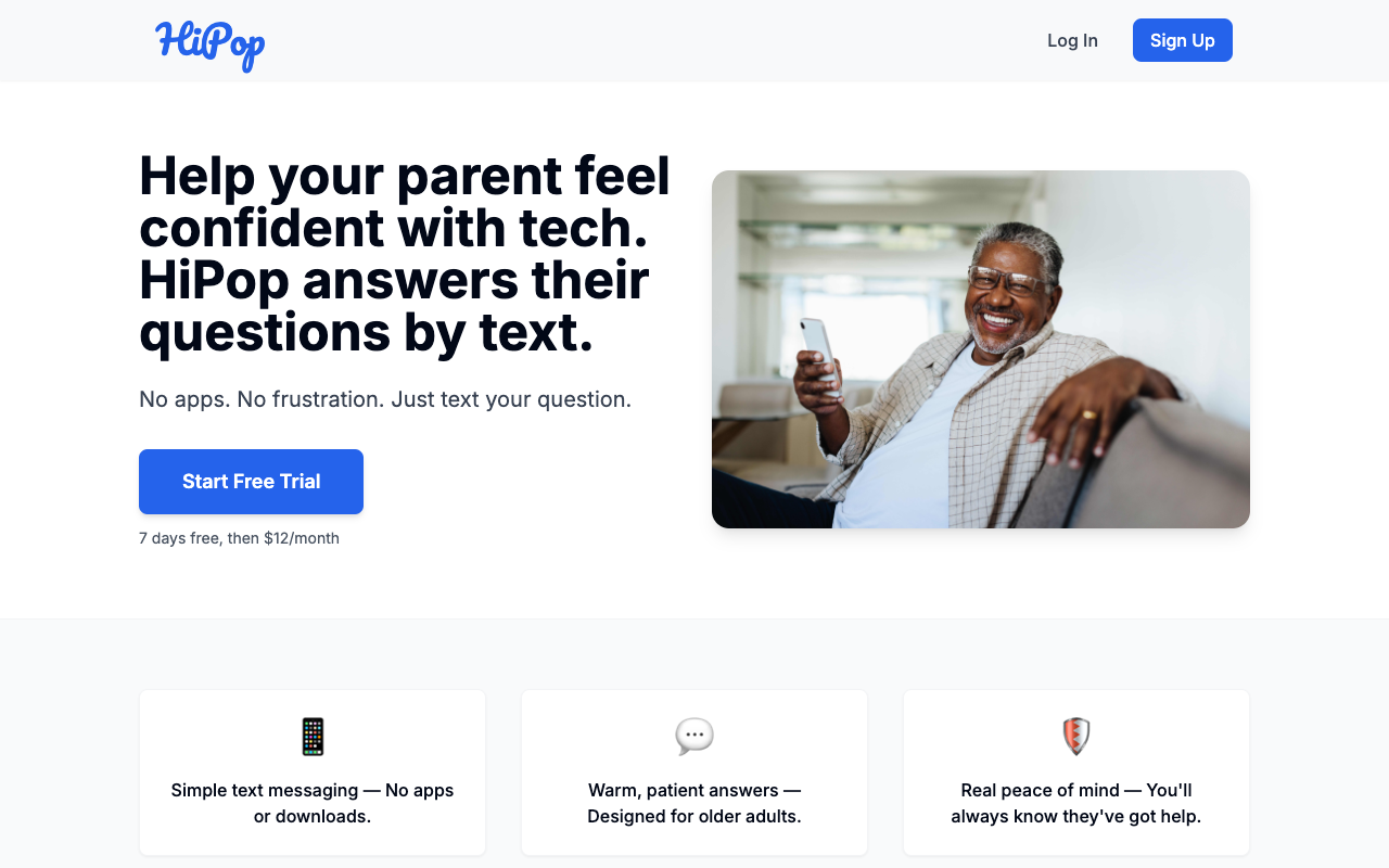 HiPop - A friendly AI assistant over SMS designed for older adults AI SMS older-adults
