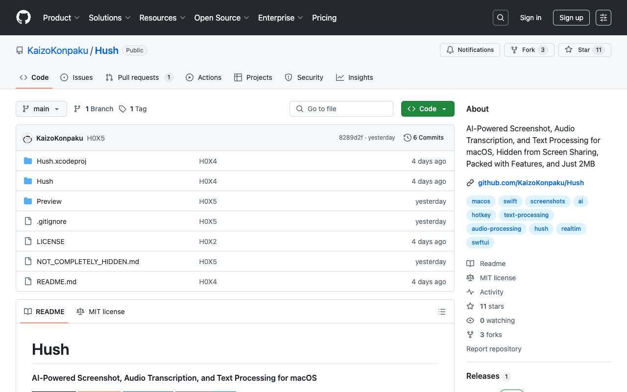 Hush - An AI-powered macOS app for audio transcription, screenshot analysis, and text processing macOS AI text-processing