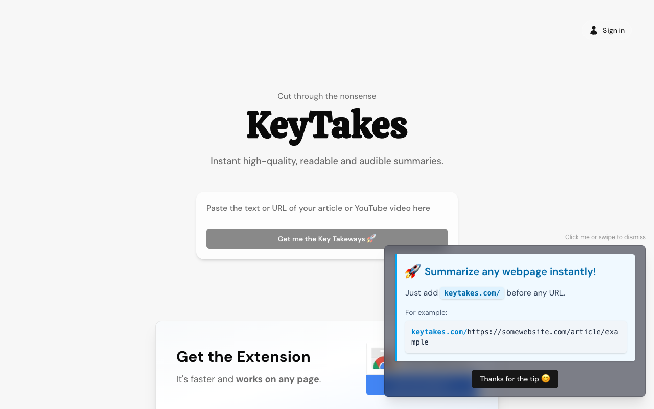 KeyTakes：AI黑科技一键生成高质量摘要，阅读效率提升100%！
