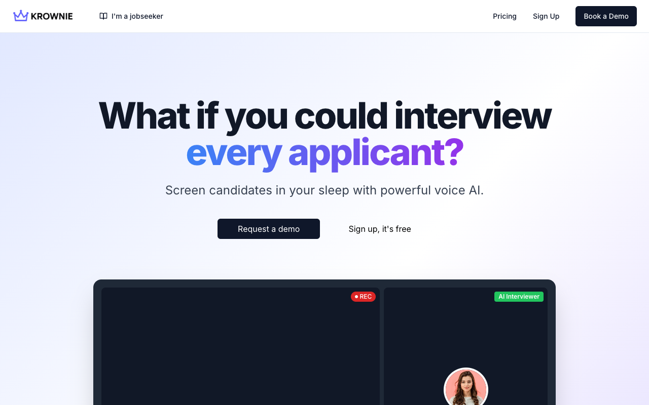 Krownie - A Voice AI Interviewer that helps you screen candidates effortlessly voice-ai recruitment hiring