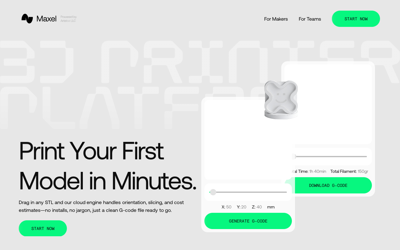 Maxel AI - Turn STL files into G-codes instantly, no slicer needed 3D printing automation G-code