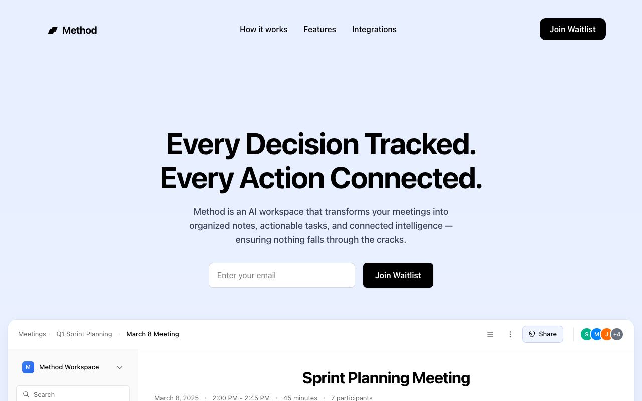 Method - An AI workspace that turns meetings into organized notes and actionable tasks AI meeting-management productivity