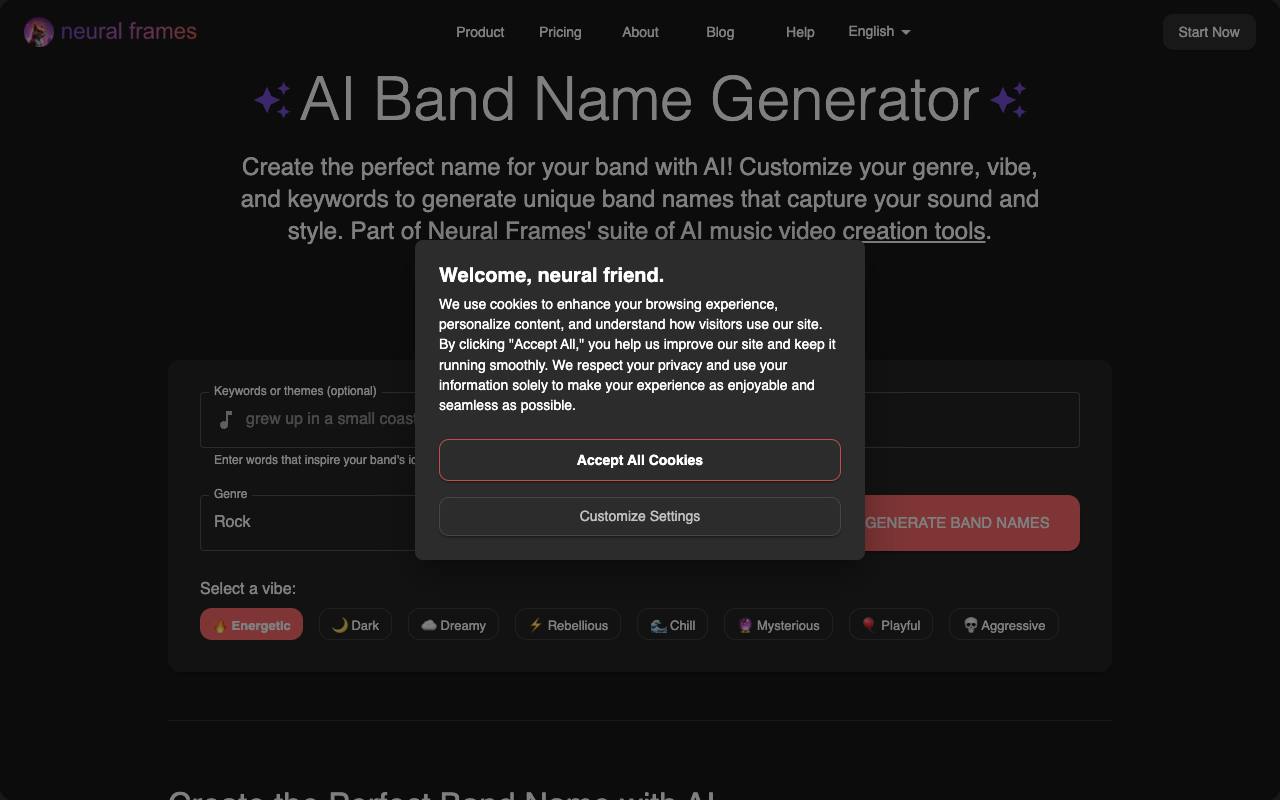 Neural Frames Band Name Generator - The smartest band name generator out there band-name-generator AI music