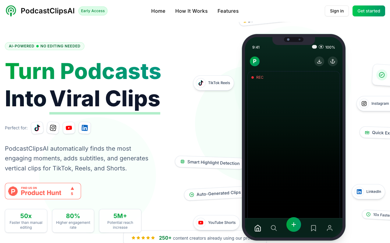 PodcastClipsAI - An AI podcast clip generator 50x faster than manual editing podcast AI video-editing