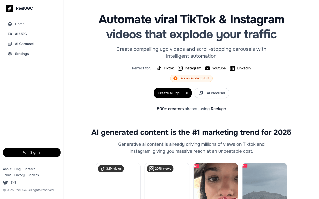 ReelUGC - An AI platform that automates viral UGC videos and carousels for social media AI UGC social-media