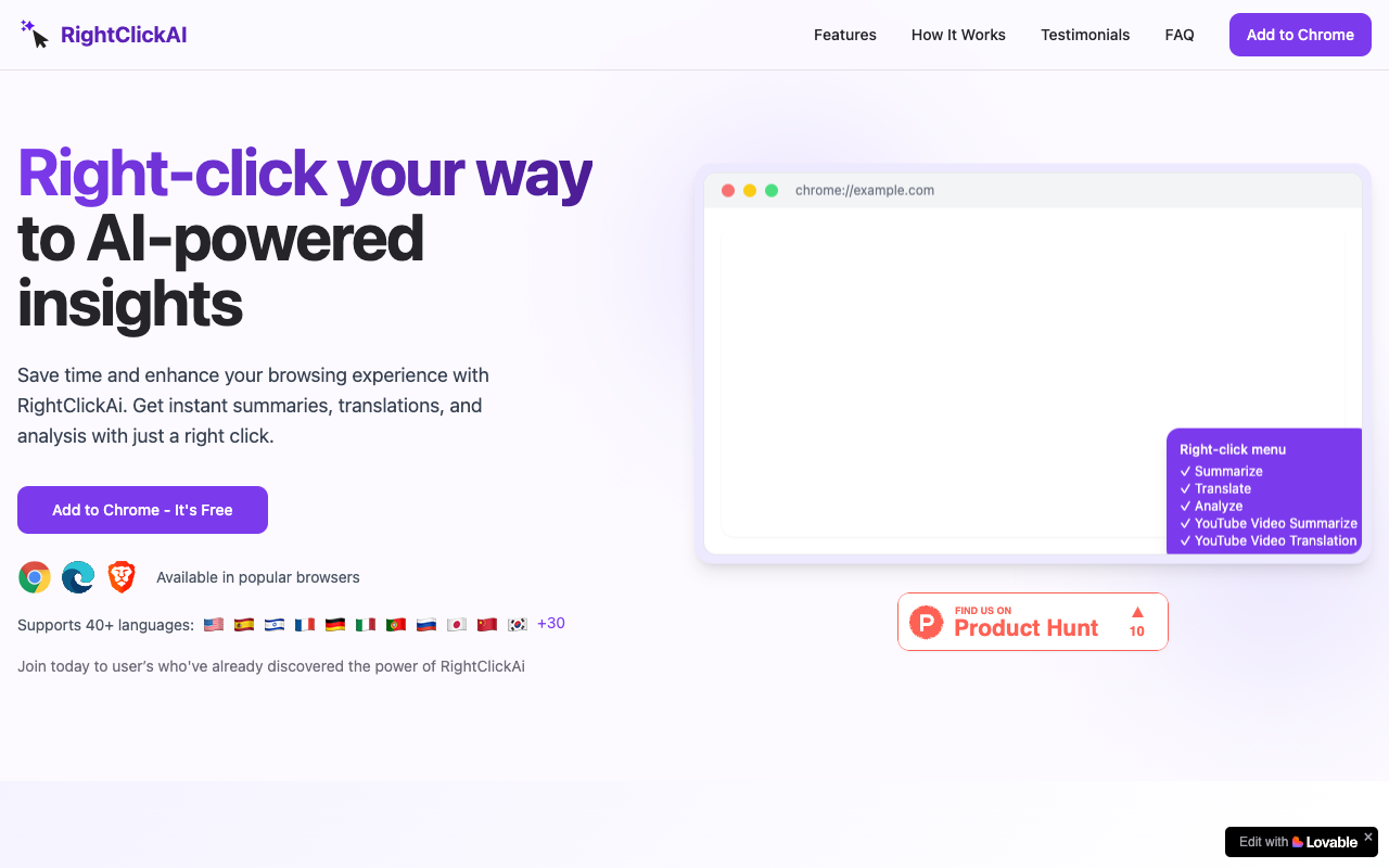RightClick AI - An AI-powered Chrome extension for insights, summaries, and translations AI Chrome Extension browsing