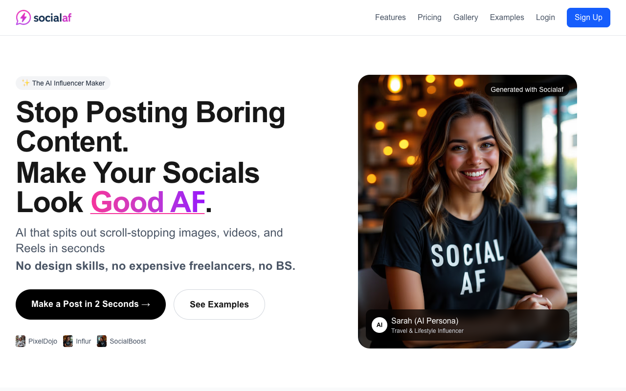 Socialaf.ai - Train an AI influencer and create viral content in seconds AI social-media content-creation