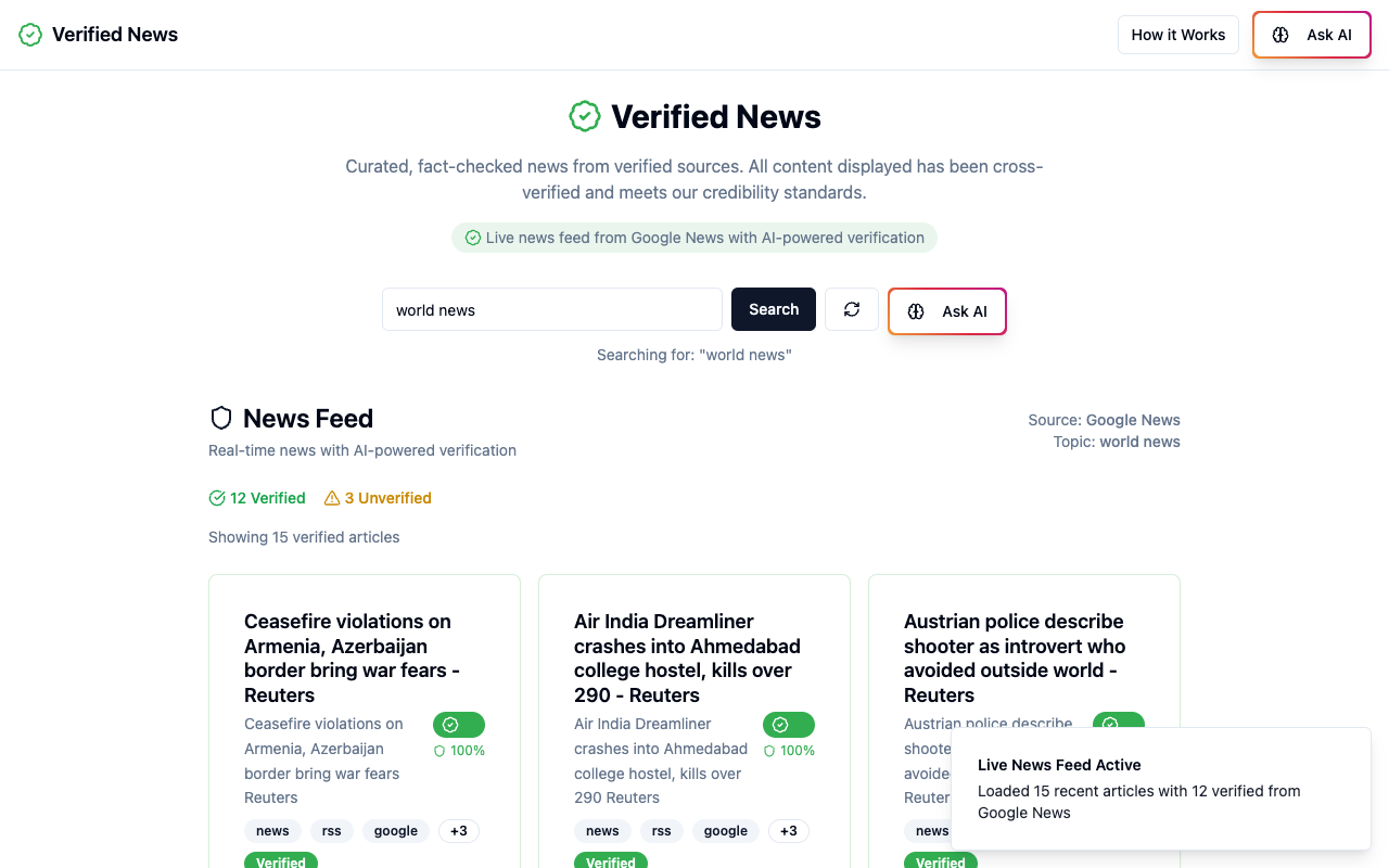 Verified News AI - A real-time tool that verifies news claims using AI news AI verification