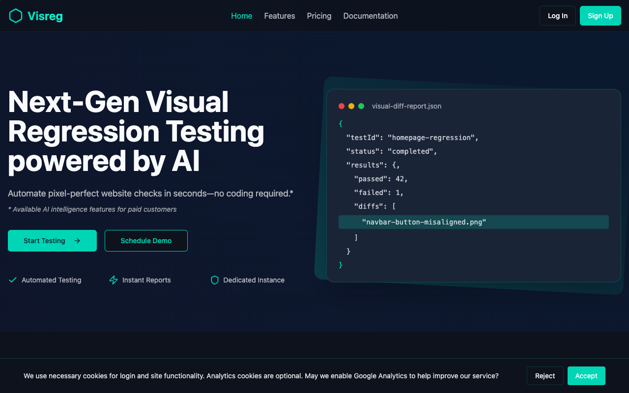 Visreg - AI-powered visual regression testing tool for pixel-perfect UI checks visual-regression AI UI-testing