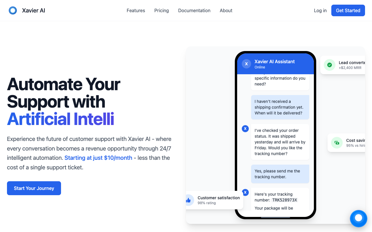 Xavier AI - 24/7 AI support that finds leads and collects tickets AI customer-support chatbot