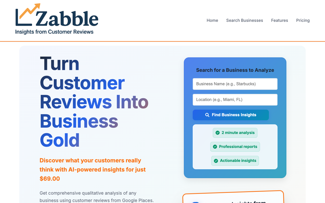 Zabble Insights - Unlocking Consumer Insights from Google Places Reviews consumer-insights AI customer-reviews