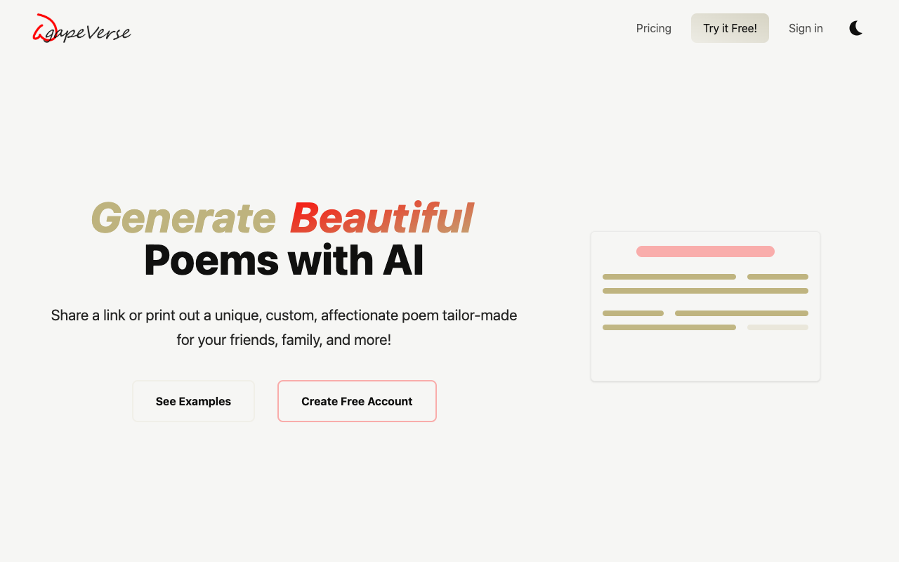 AgapeVerse.app - AI-powered Poem Generation for Expressing Love AI Poetry