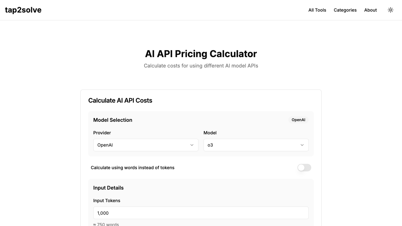 AI API Pricing Calculator - Easily find out how much AI model APIs cost AI Pricing Calculator