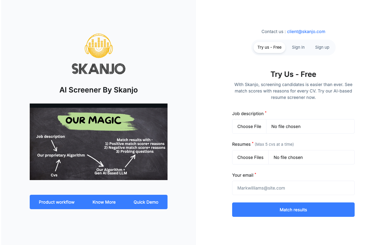 AI CV Screener By Skanjo - A tool for recruiters to save time and get detailed insights on candidates AI recruitment CV-screening