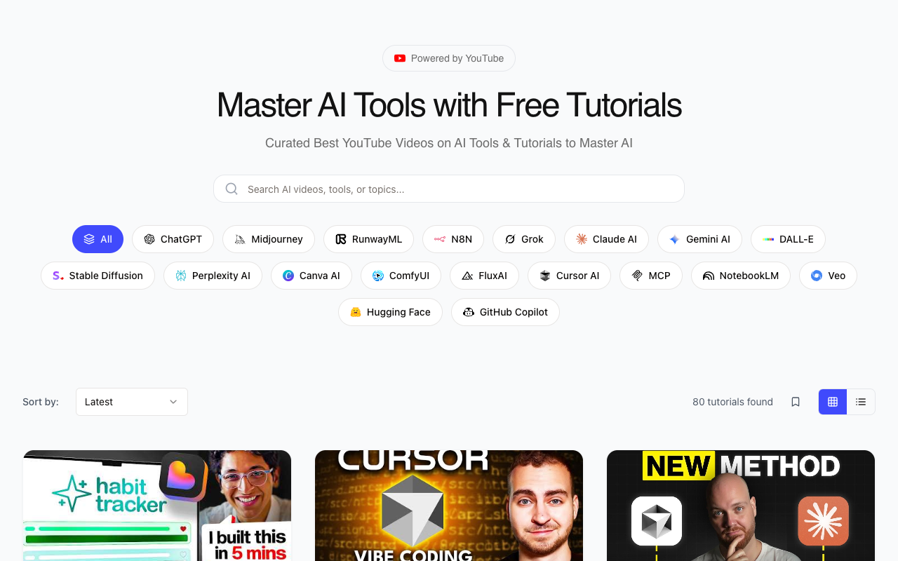 AI Learning Video - Curated YouTube tutorials to master AI tools AI tutorials YouTube