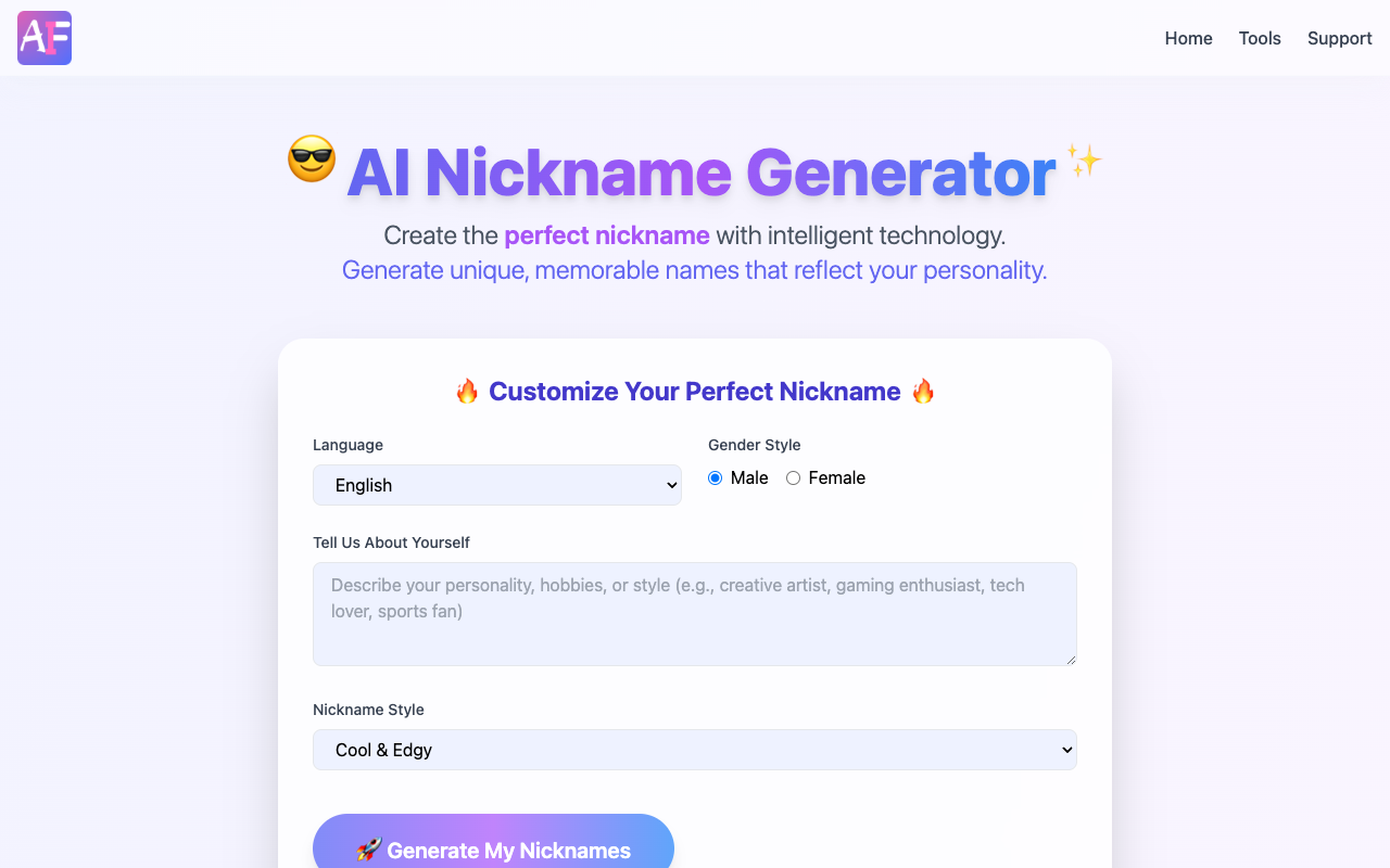 AI Nickname Generator - Create Unique and Personalized Nicknames with AI nickname AI generator