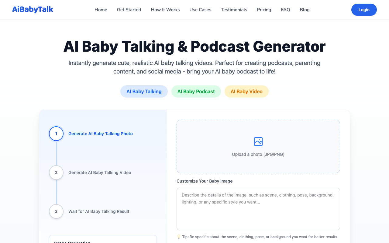 AiBabyTalk - Turn your photo into a talking AI baby video AI baby-videos podcasting