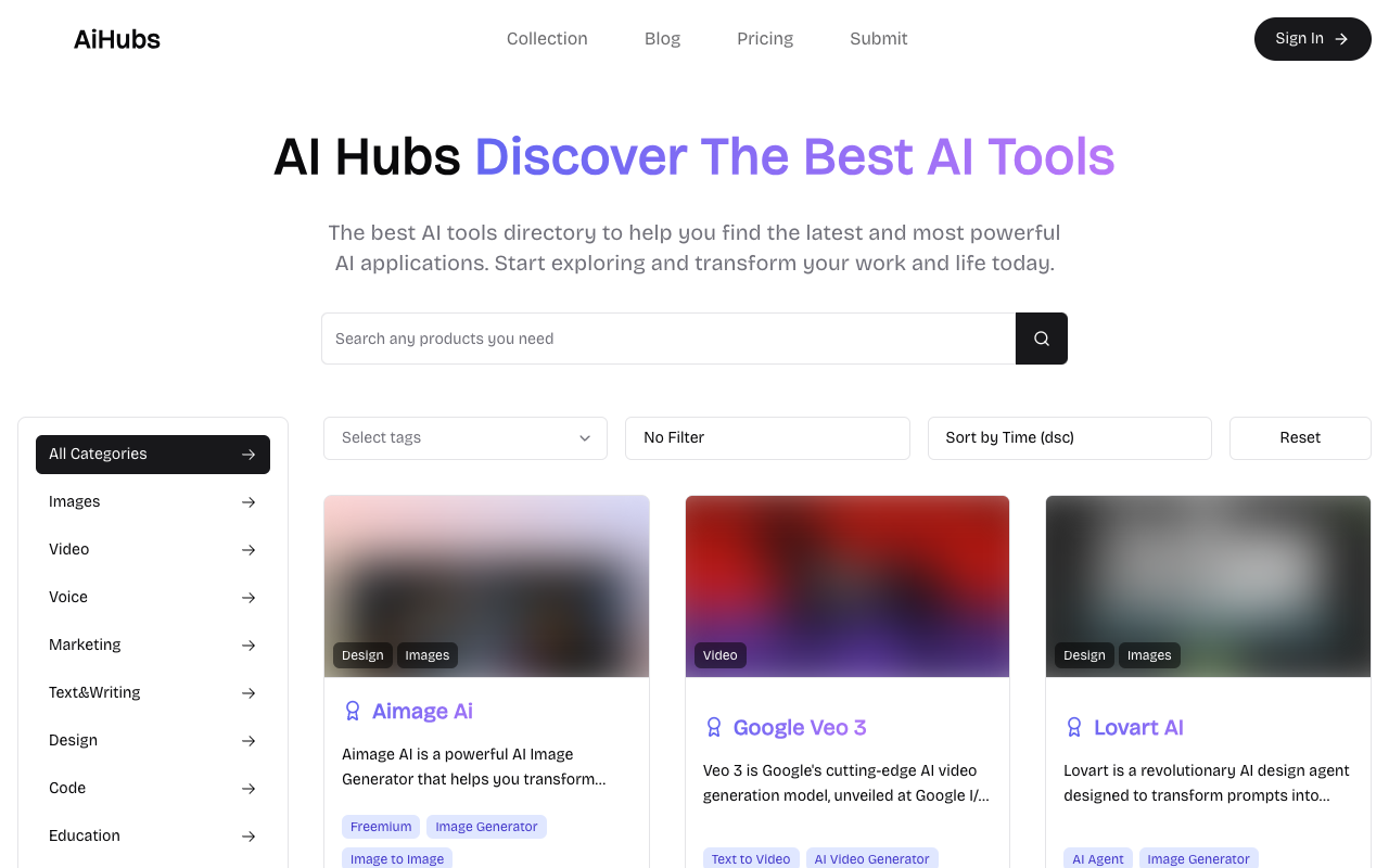 AIHubs - Explore Top AI Tools for Productivity and Creativity AI Productivity Creativity
