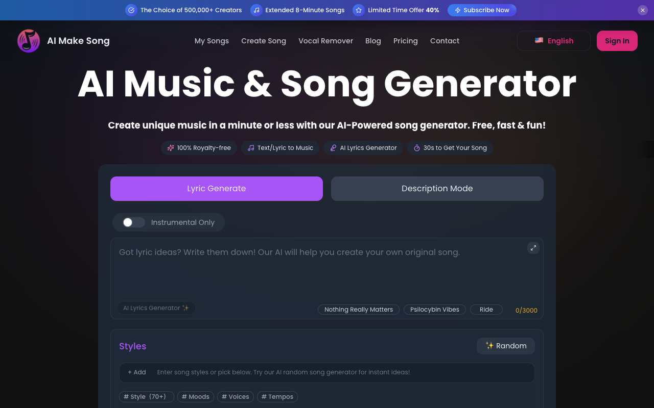 AiMakeSong - An AI music generator that creates songs from text instantly AI music song-generator
