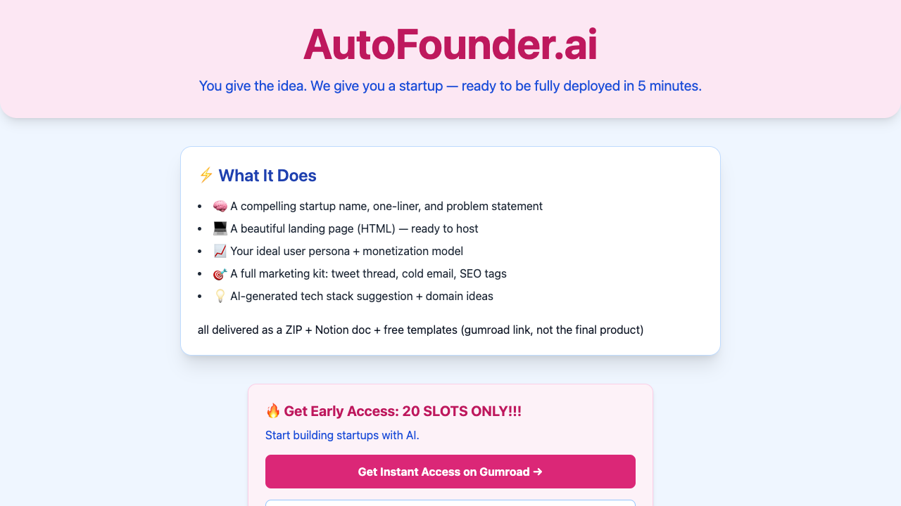 AutoFounderAI - AI that helps you build your startup in just 5 minutes startup AI entrepreneurship