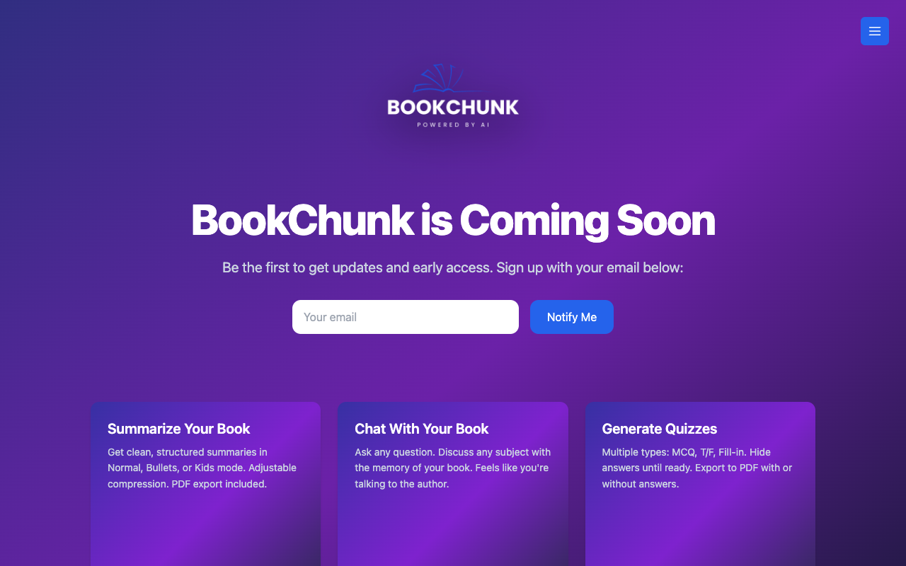 BookChunk - An AI tool to summarize, chat with, and quiz your books AI book-summarization education