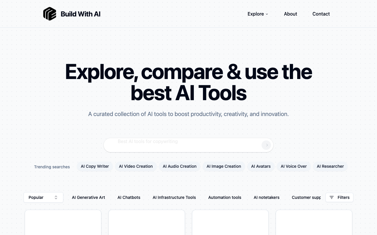 BuildWithAI - A platform to find the best AI tools for your needs AI tools comparison