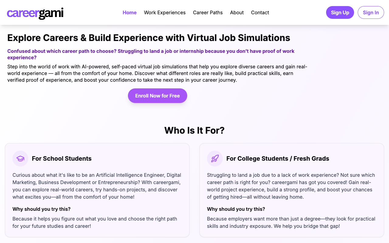 careergami - An AI-powered platform for gaining real-world work experience career-tech AI job-simulation