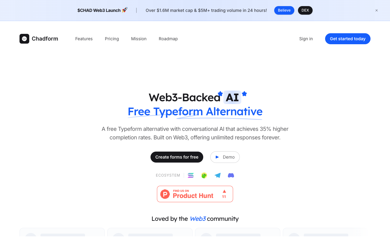 Chadform - A Free AI-Powered Typeform Alternative Built on Web3 Web3 AI form-builder