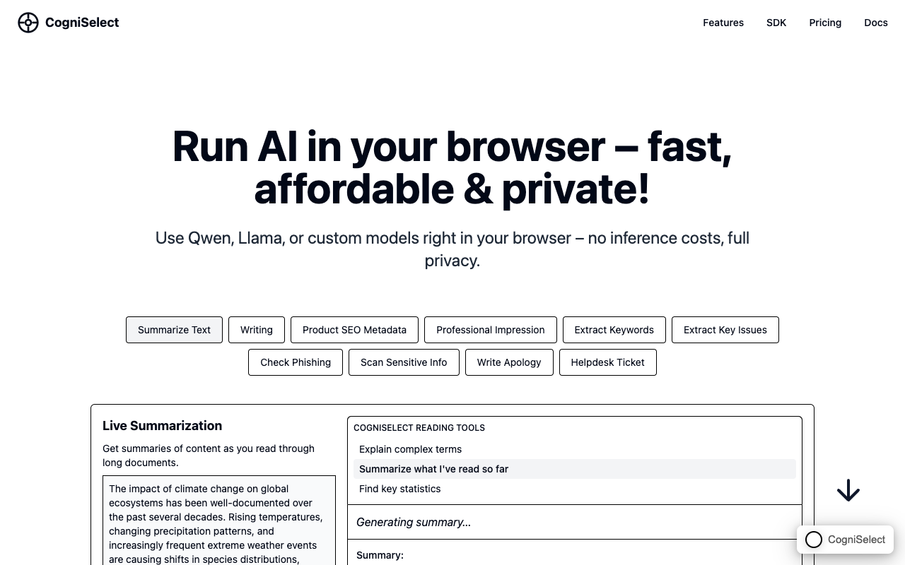 CogniSelect - An AI tool that enhances your browser experience with privacy AI browser-tool privacy
