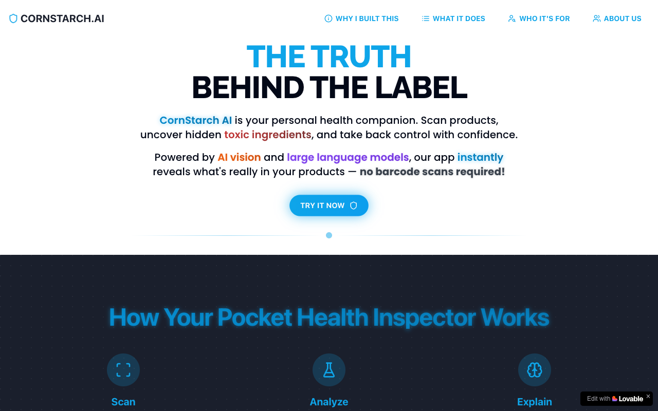 CornStarch AI - Spot hidden toxins quickly using your camera AI Health Safety