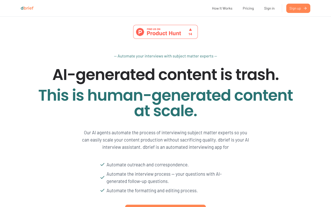 dbrief - Automate your interviews with subject matter experts for quality content automation interviews content-production