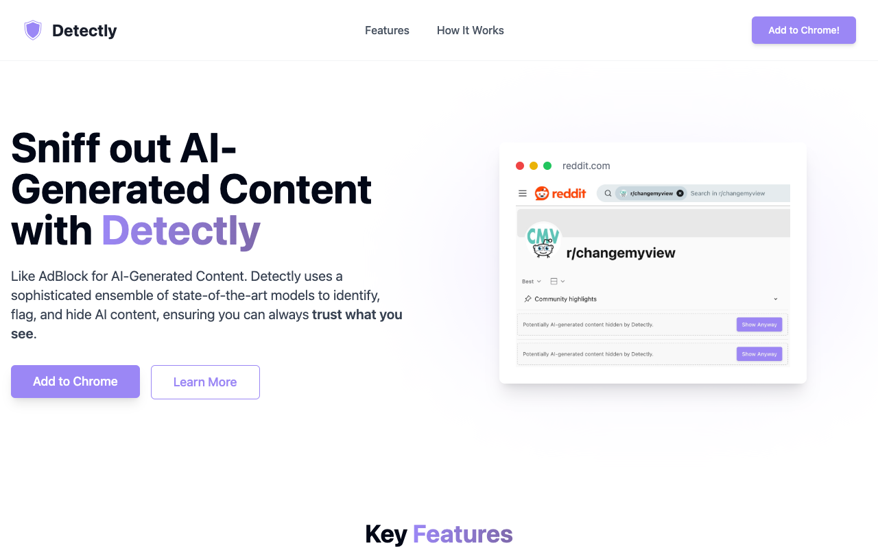 Detectly - A tool to identify and hide AI-generated content for authentic online experiences AI content-authenticity online-safety