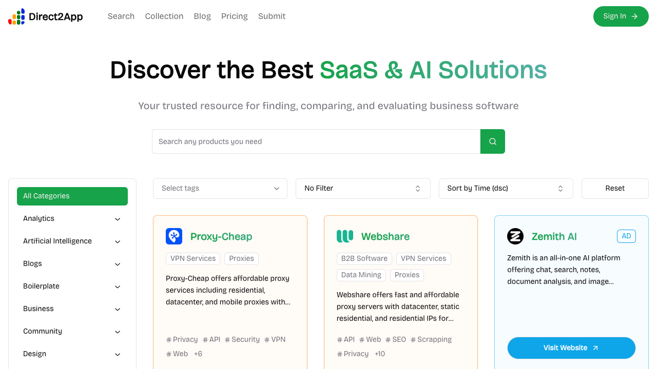 Direct2App - Your Trusted Directory for SaaS and AI Solutions SaaS AI productivity