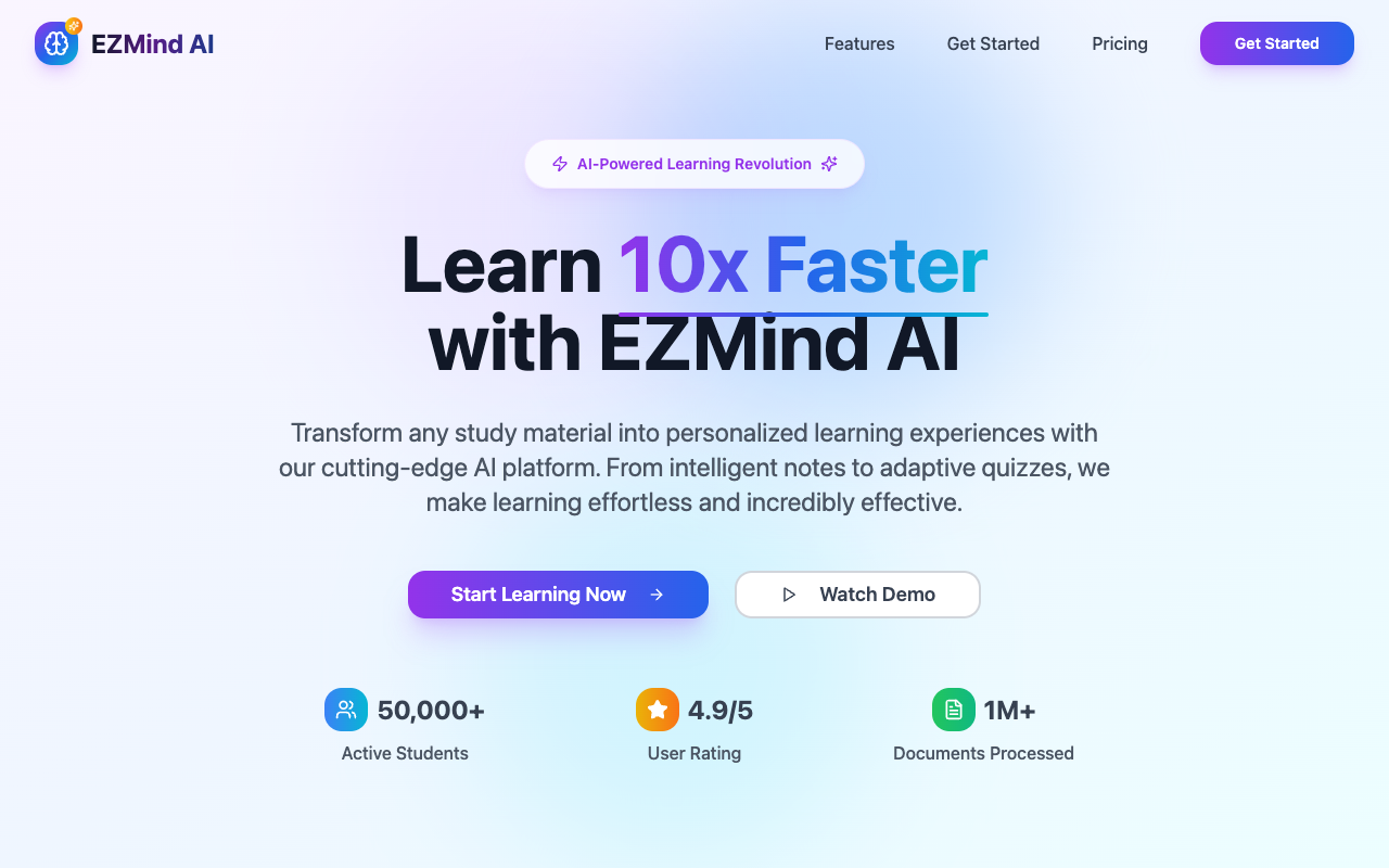 EZMind AI - An all-in-one AI study tool that helps you learn faster with notes, quizzes, and flashcards AI study-tool education