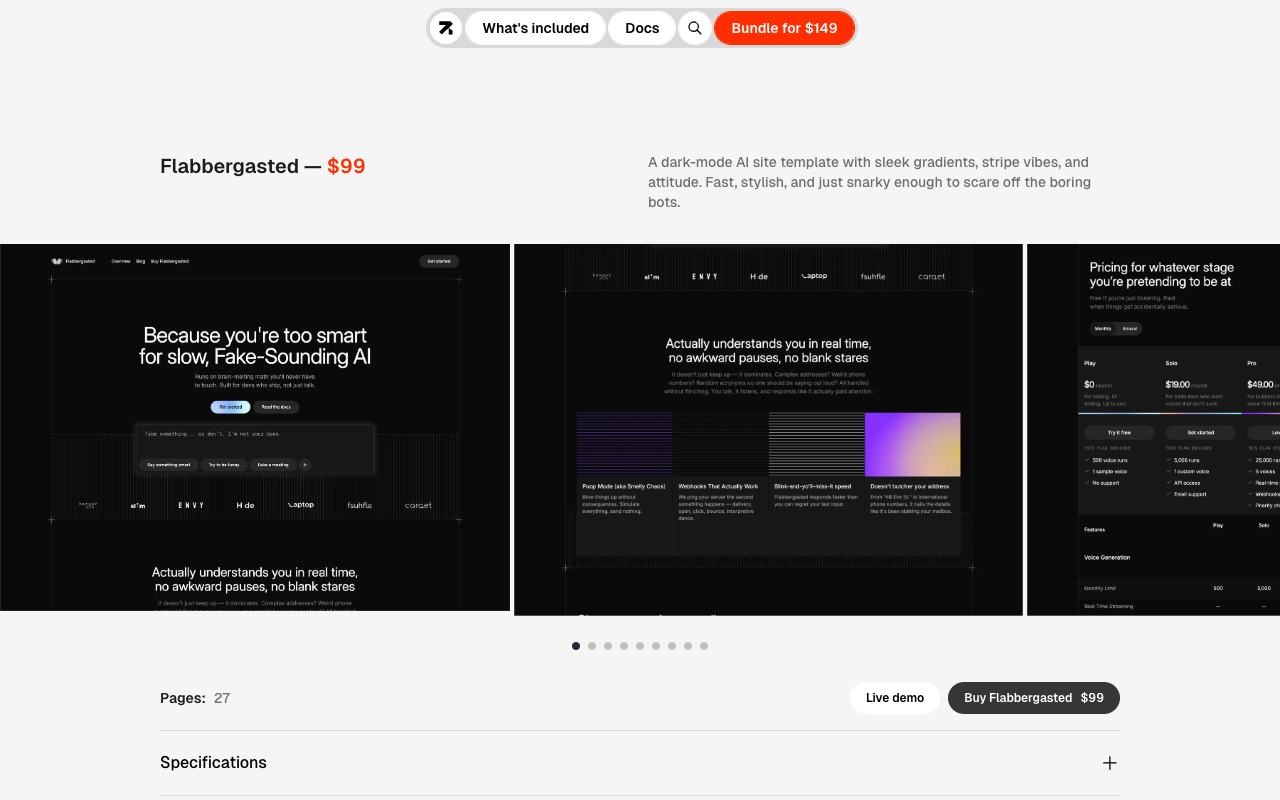 Flabbergasted - A sleek dark-mode AI site template for startups dark-mode AI template