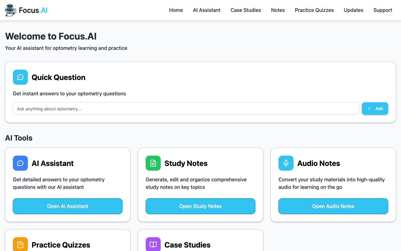 Focus AI - A smart AI assistant for optometry students to enhance learning and exam preparation optometry AI education