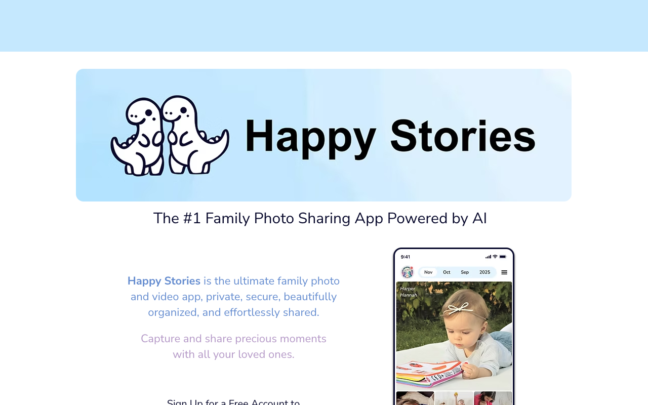 Happy Stories - The fun app to share family photos Family Photo Sharing AI
