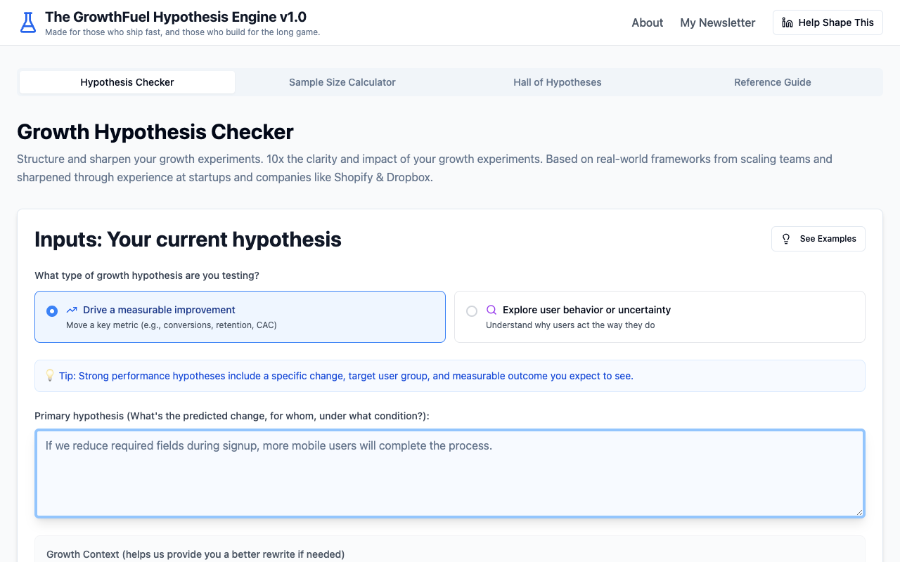 Hypothesis Engine by GrowthFuel - An AI-powered tool to enhance your experiments and drive growth AI growth experimentation