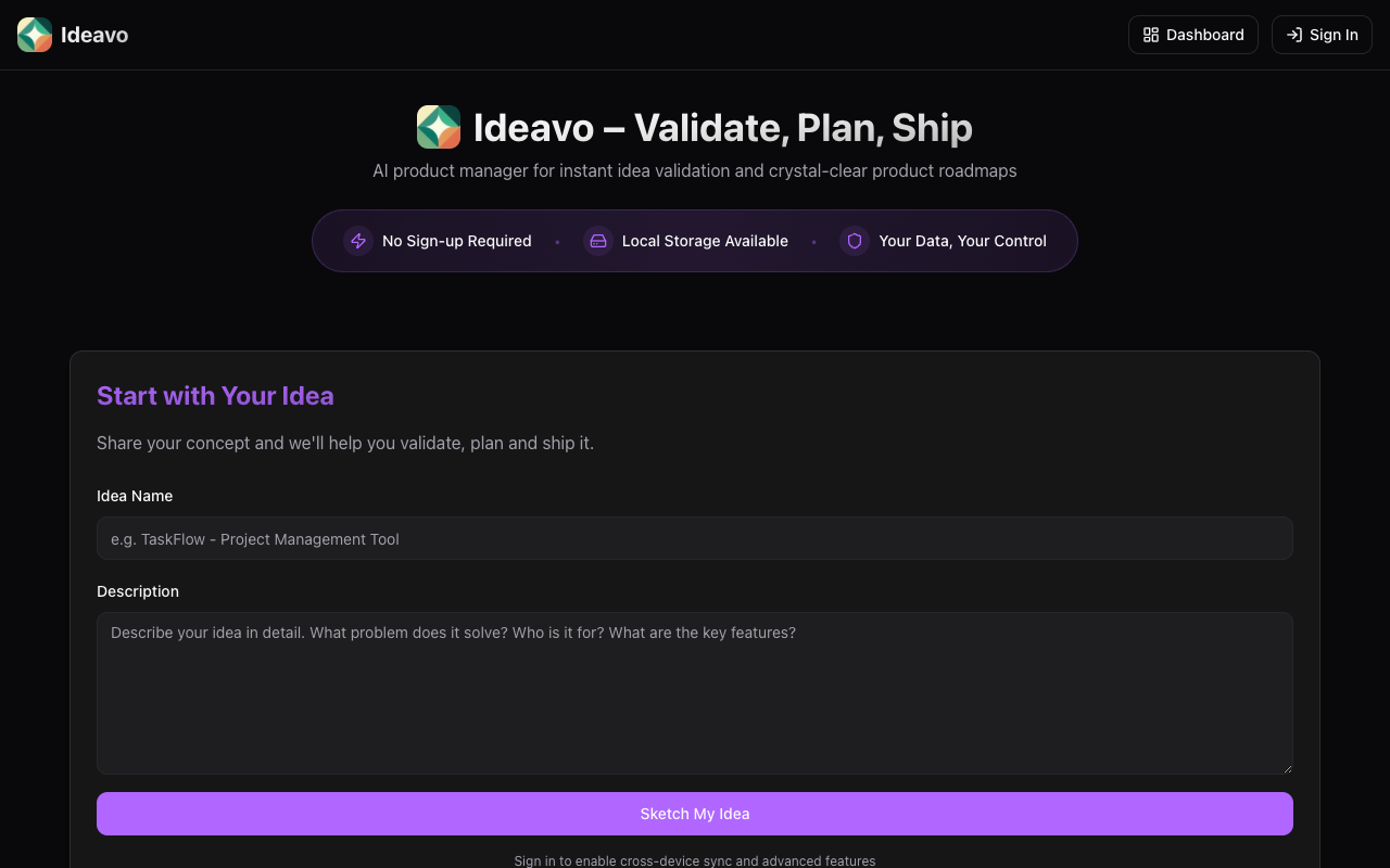 Ideavo - An AI product manager that helps validate ideas, plan roadmaps, and manage features AI product-management Kanban