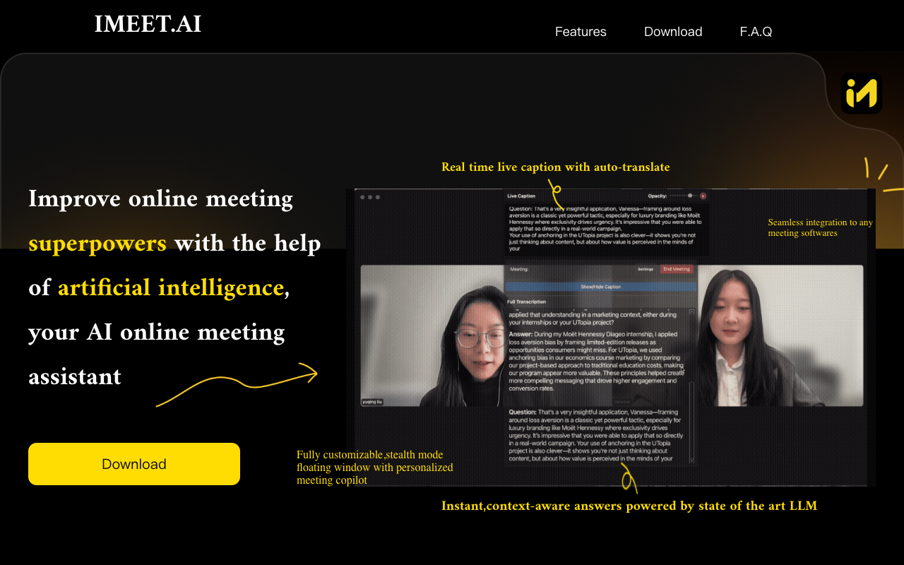 IMEET.AI - A real-time AI assistant that helps you answer tough meeting questions AI meeting-assistant productivity