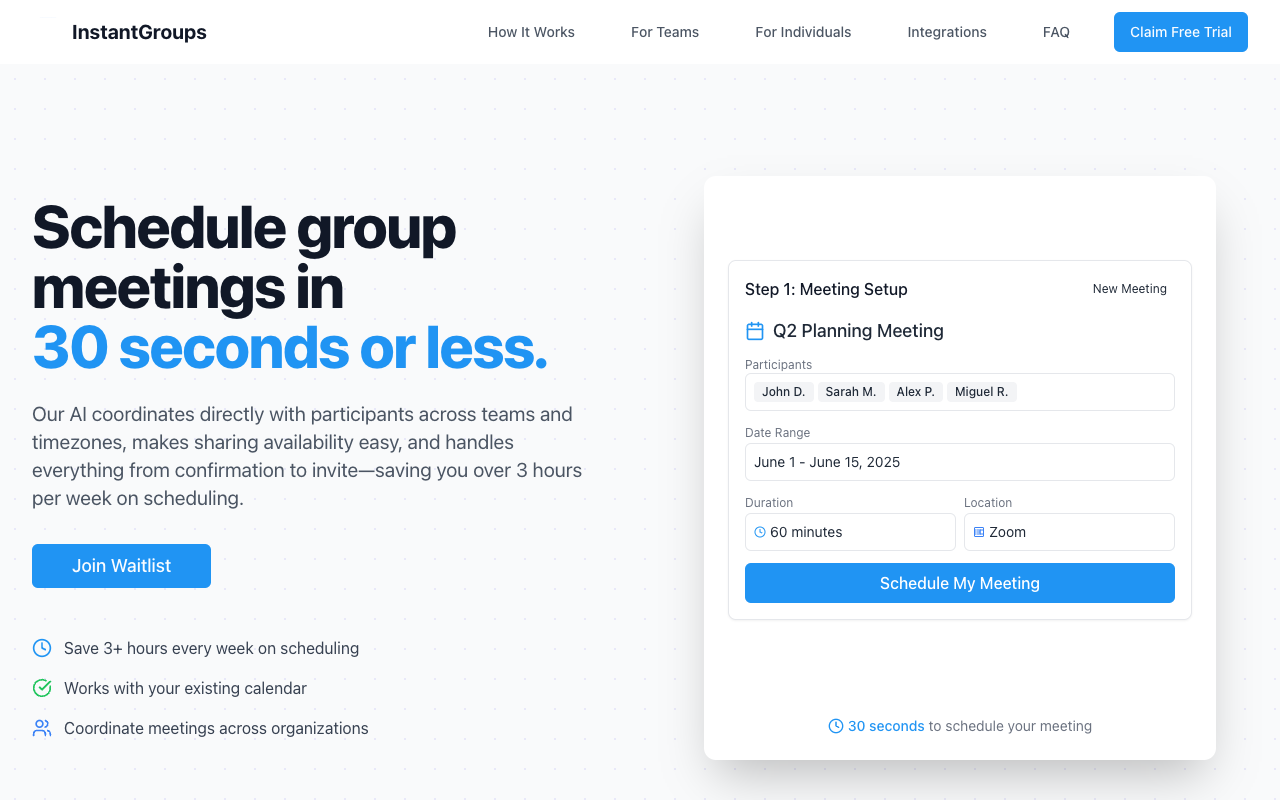 InstantGroups - Quick and Easy AI Meeting Scheduler AI Productivity Scheduling